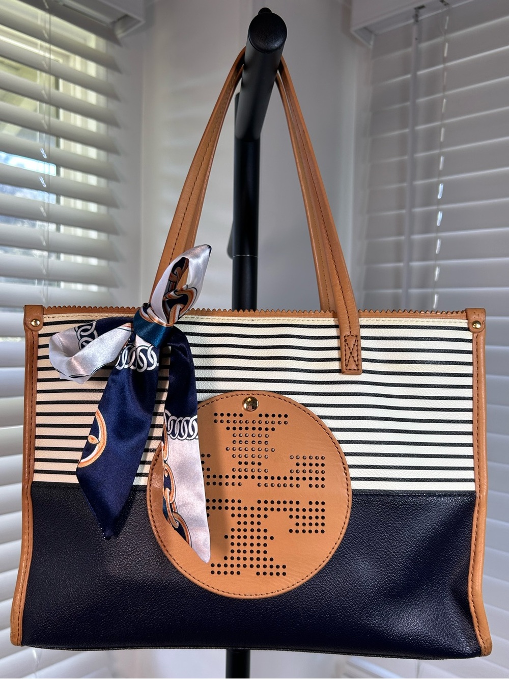 Tory Burch Ella Viva Leather Tote in the distinctive Navy Stripes & Shine design